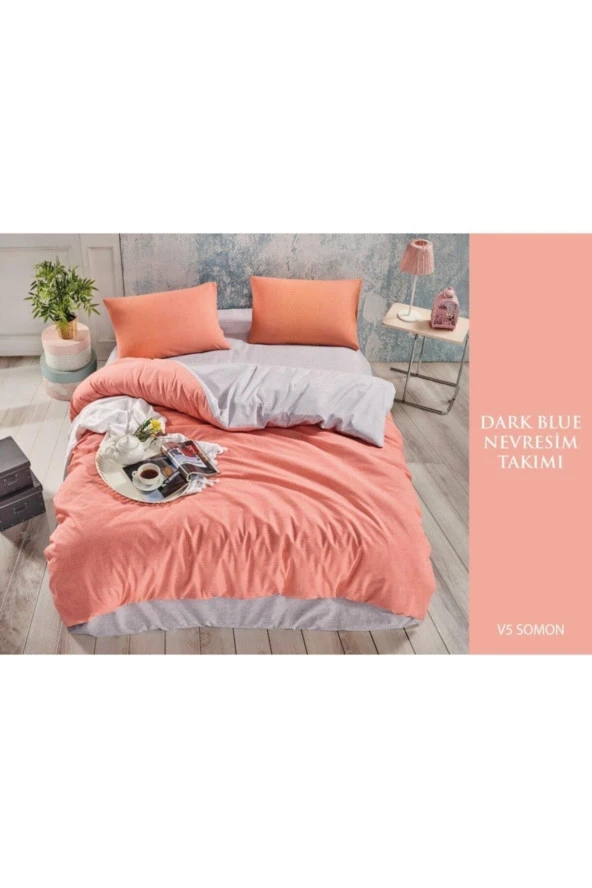 Sheri Home Tekstil Cotton Dark Blue Çift Kişilik Nevresim Takımları V5 Somon