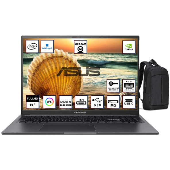 Asus Vivobook 16X K3605ZC-N1013W I5 12450H 16 GB 512 SSD RTX3050 16" Fullhd+ W11H Bilgisayar + Sırt Çantası WZ01