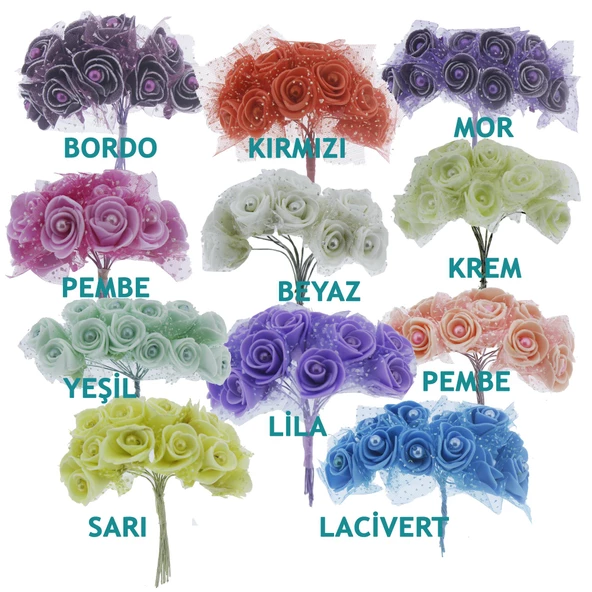 10 Demet (120 Adet) İncili Ve Tüllü Küçük Lateks Gül Çiçek - 2