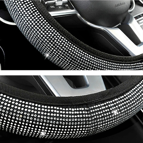 Taşlı Geçmeli Direksiyon Kılıfı Komple Gümüş Taşlı 37-38cm - 2