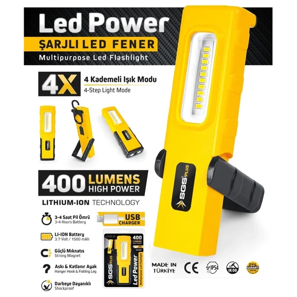 SGS Şarjlı Led El Feneri Mıknatıslı Lamba 400 Lümen - 3