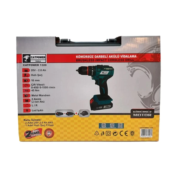 Catpower 1320 Akülü Şarjlı Vidalama Darbeli Matkap Kömürsüz 20V 2.0Ah - Resim 5