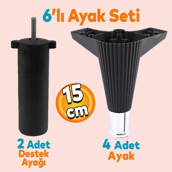 Wetra Line 6lı Set Mobilya TV Ünitesi Çekyat Koltuk Kanepe Destek Ayağı 15 cm Siyah Krom M8 Civata