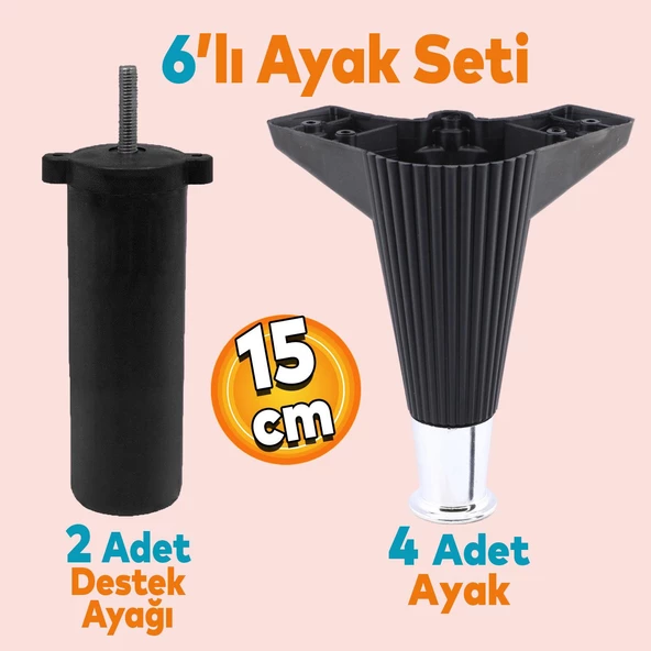 Wetra Line 6'lı Set Mobilya TV Ünitesi Çekyat Koltuk Kanepe Destek Ayağı 15 cm Siyah Krom M8 Civata