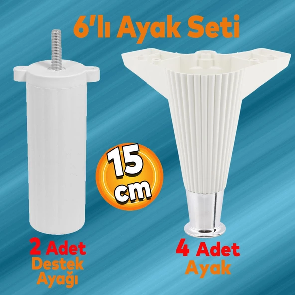 Wetra Line 6'lı Set Mobilya TV Ünitesi Çekyat Koltuk Kanepe Destek Ayağı 15 cm Beyaz Krom M8 Civata
