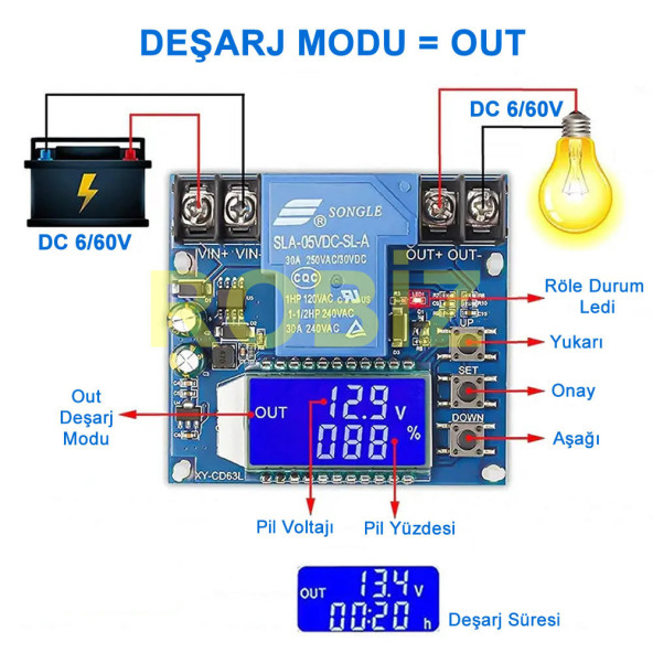 XY-CD63L 30A Pil Şarj Deşarj Modülü  DC 6/60V Batarya Kurşun Asit Lion Lityum Akü Voltaj Koruyucu Voltmetre - 3