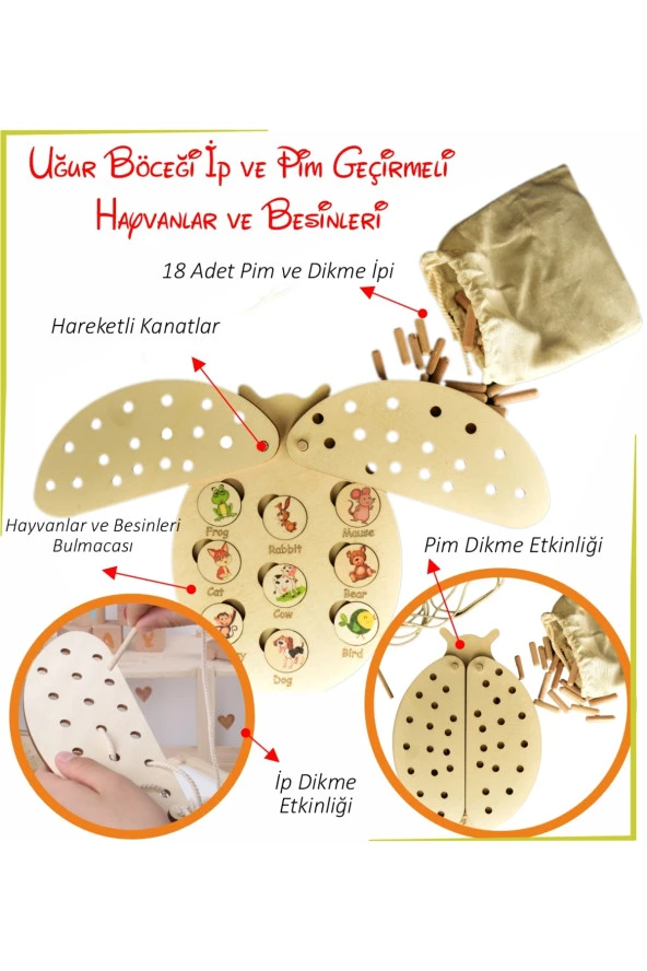 Uğur Böceği Ip ve Pim Geçirmeli Hayvanlar ve Besinleri Eşleştirme Oyunu Ahşap Puzzle