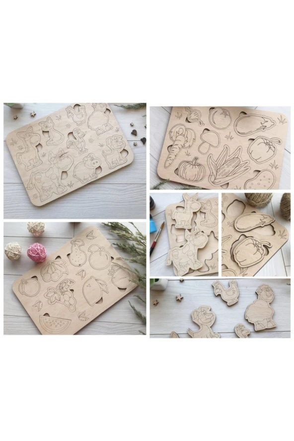 Montessori Boyanabilir 3lü Puzzle Seti Hayvanlar Meyveler Ve Sebzeler Doğal Ahşap
