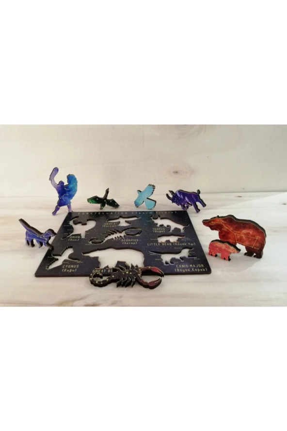 Montessori Doğal Ahşap Renkli Takım Yıldızları Eğitici Oyun Seti Puzzle - 2