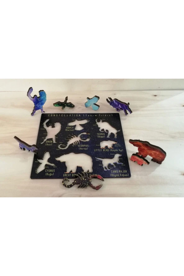 Montessori Doğal Ahşap Renkli Takım Yıldızları Eğitici Oyun Seti Puzzle - 3