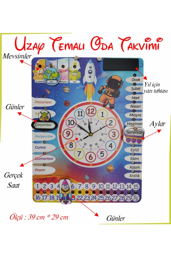 Çocuk Odası Gezegen Temalı Gerçek Saatli Duvar Takvimi