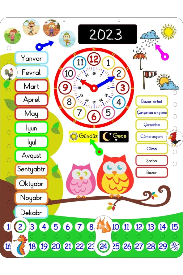 Azerice Takvim Montessori Ahşap Renkli Saatli Günler Aylar Mevsimler Hava Durumu Öğrenme