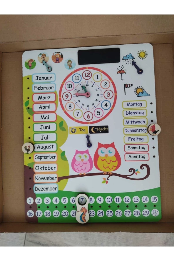 Montessori Almanca Ahşap Saatli Eğitici Takvim Günler, Aylar, Mevsimler, Hava Durumu, Rakamlar