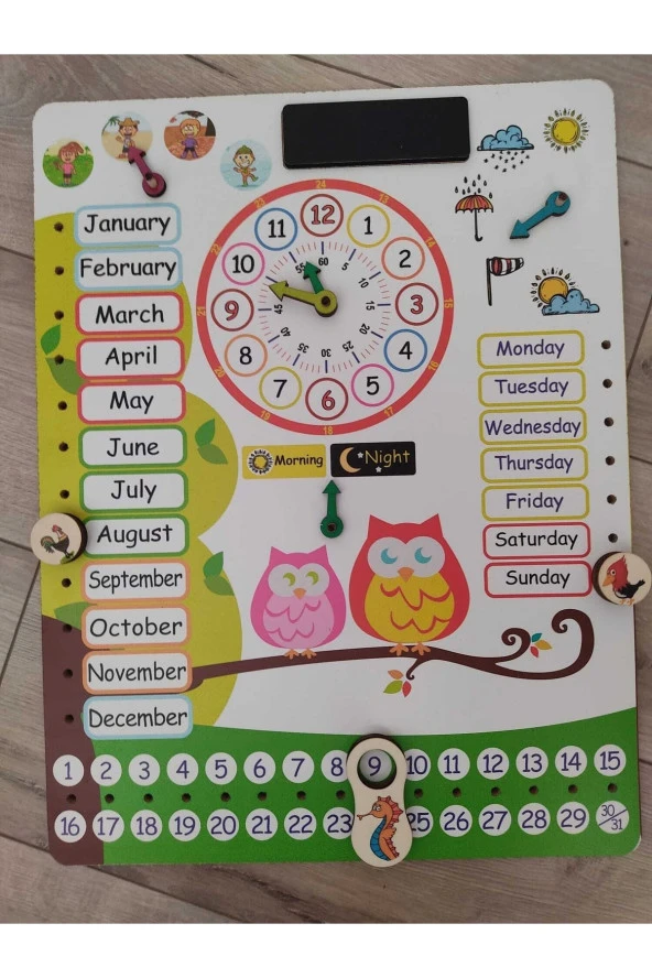 Montessori Ingilizce Ahşap Saatli Eğitici Takvim Günler, Aylar, Mevsimler, Hava Durumu, Rakamlar