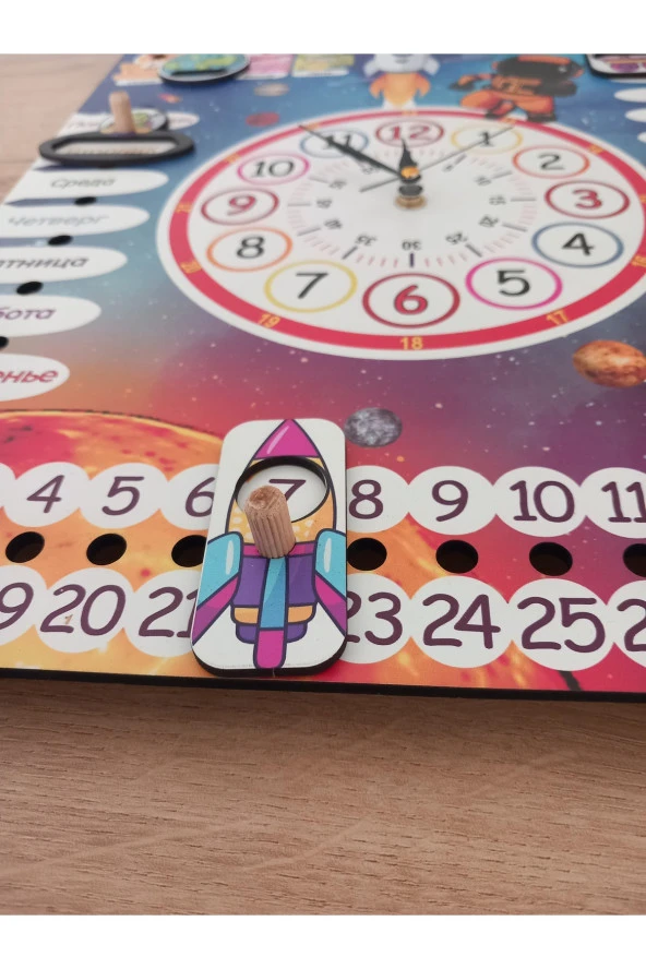 Rusça Mekanizmalı Uzay Temalı Montessori Duvar Takvimi Aylar , haftanın günleri ve mevsimler - 3