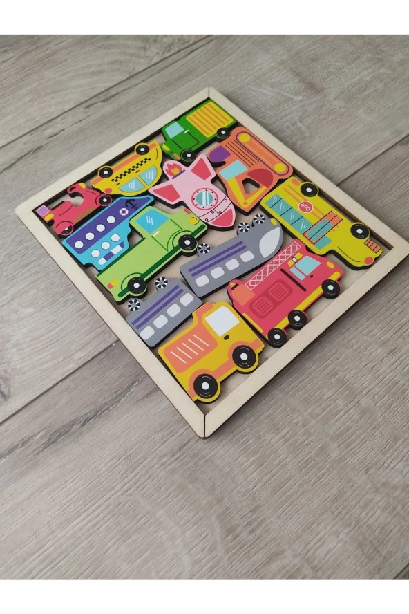 Renkli Araçlar Ahşap Puzzle 12 Parça Tablalı - 2