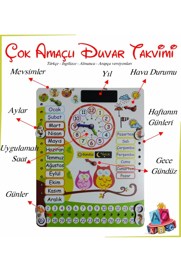 Montessori Ahşap Saatli Eğitici Takvim Günler, Aylar, Mevsimler, Hava Durumu, Rakamlar