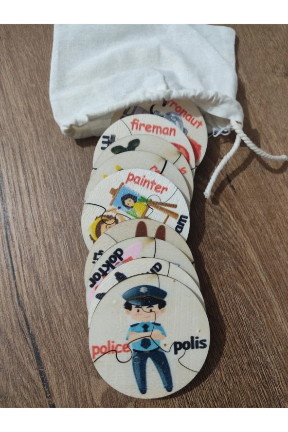 Türkçe Ingilizce Meslekler Ahşap Renkli Puzzle 9 Araç 27 Parça