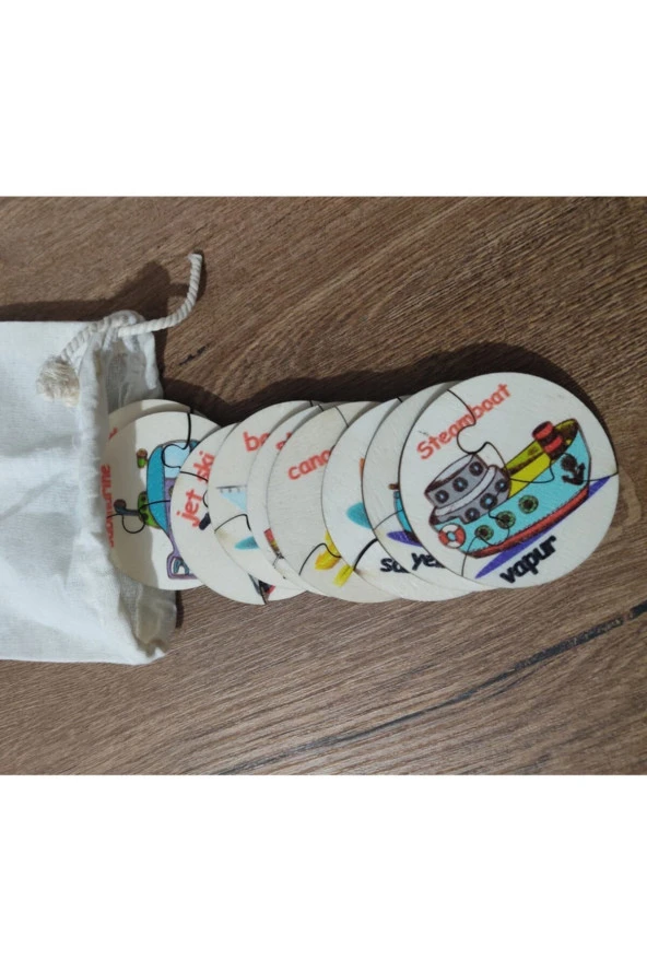 Türkçe Ingilizce Deniz Taşıtları Ahşap Renkli Puzzle 9 Araç 27 Parça