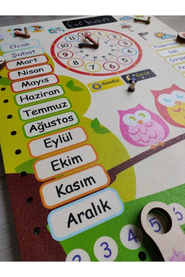 Montessori Ahşap Saatli Eğitici Takvim Günler, Aylar, Mevsimler, Hava Durumu, Rakamlar - 2