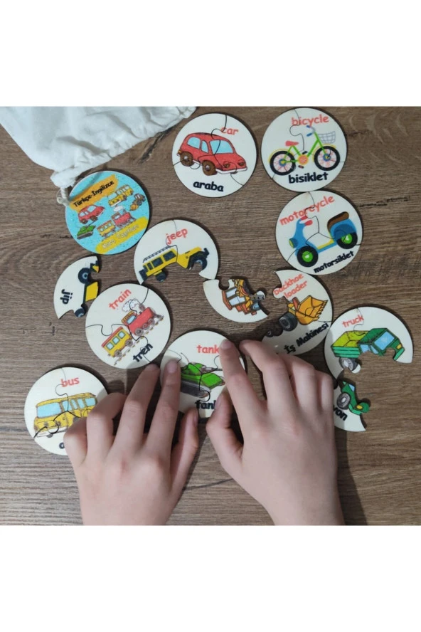 Türkçe Ingilizce Kara Araçları Ahşap Renkli Puzzle 9 Araç 27 Parça - 2