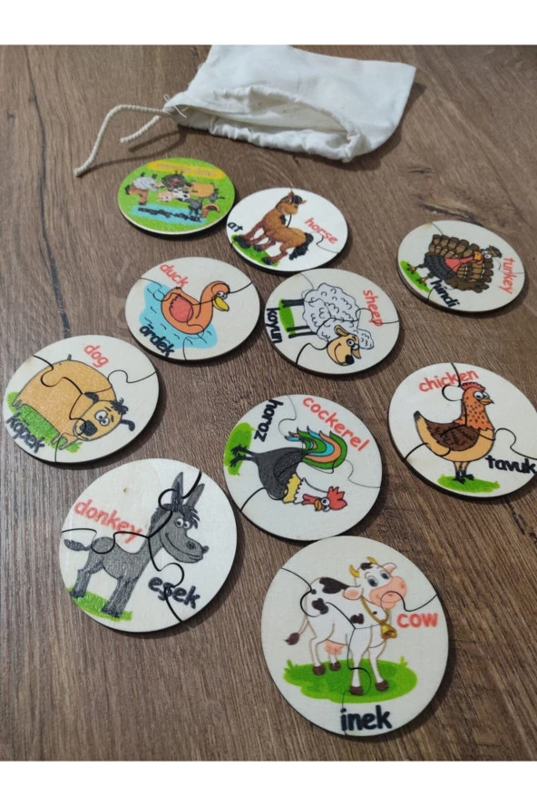 Türkçe Ingilizce Çiftlik Hayvanları Ahşap Renkli Puzzle 9 Araç 27 Parça
