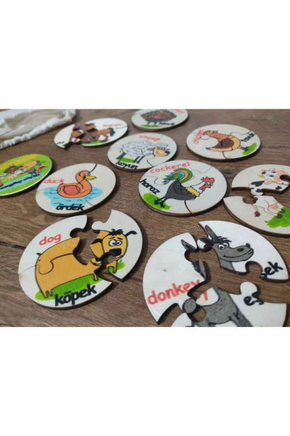 Türkçe Ingilizce Çiftlik Hayvanları Ahşap Renkli Puzzle 9 Araç 27 Parça - 3