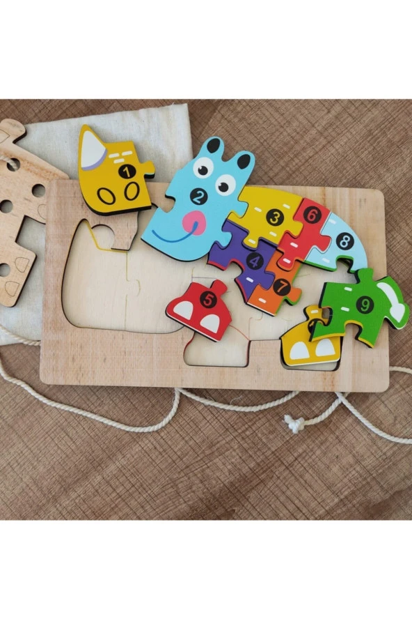 Gergedan Modelli 2 Parça Ip Geçirmeli Ve Renkli Sayıları Öğreniyorum Ahşap Puzzle - 3