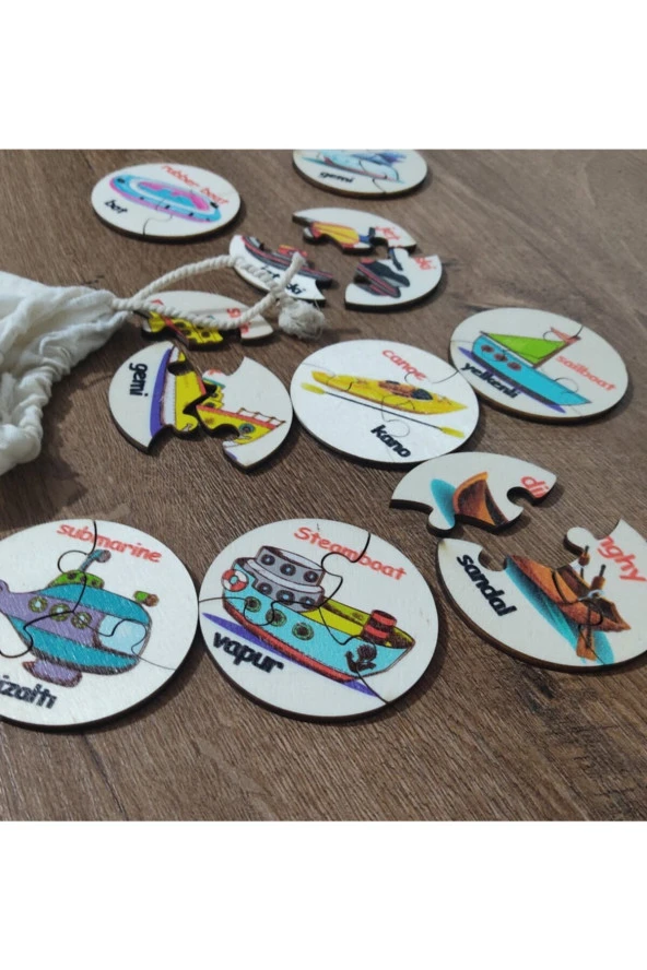 Türkçe Ingilizce Deniz Taşıtları Ahşap Renkli Puzzle 9 Araç 27 Parça - 2