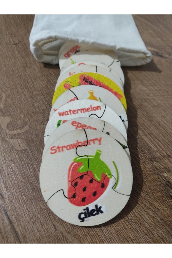 Türkçe Ingilizce Meyveler Ahşap Renkli Puzzle 9 Araç 27 Parça - 3