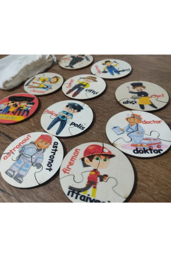 Türkçe Ingilizce Meslekler Ahşap Renkli Puzzle 9 Araç 27 Parça - 2