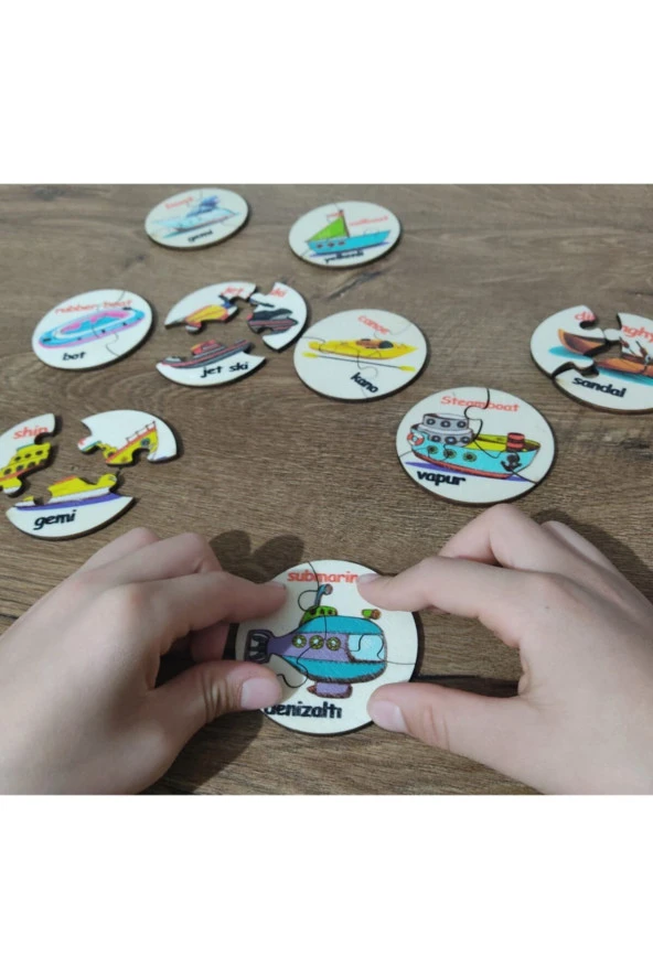 Türkçe Ingilizce Deniz Taşıtları Ahşap Renkli Puzzle 9 Araç 27 Parça - 3
