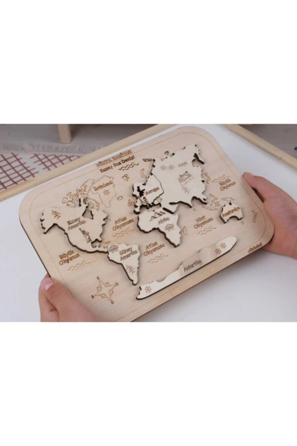 Ahşap Dünya Haritası Ve Kıtalar Yapboz