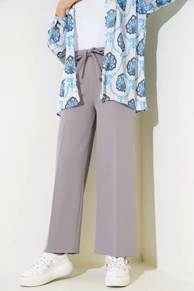 Kuşak Bağlamalı Dabıl Pantolon Gri