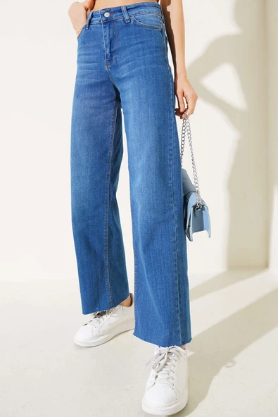 Paçası Püsküllü Palazzo Kot Pantolon Mavi ürün görseli 1