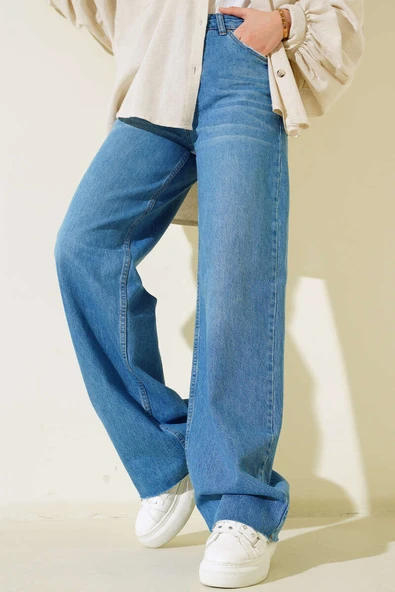 Paçası Püsküllü Palazzo Kot Pantolon Açık Mavi - Resim 2