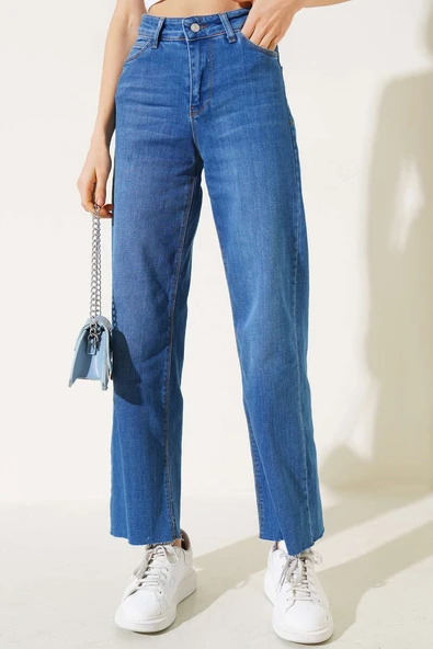 Paçası Püsküllü Palazzo Kot Pantolon Mavi - Resim 2