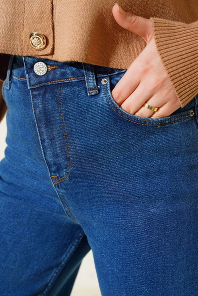 Yüksel Bel Palazzo Kot Pantolon Mavi - Resim 4