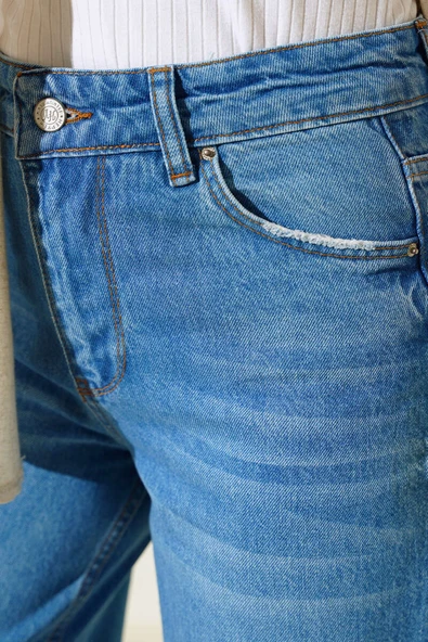 Paçası Püsküllü Palazzo Kot Pantolon Açık Mavi - Resim 4