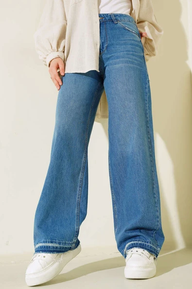 Paça Püskül Detaylı Palazzo Kot Pantolon Açık Mavi - Resim 2