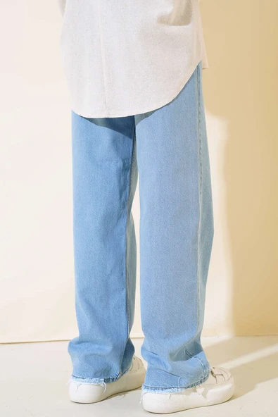 Yüksel Bel Palazzo Kot Pantolon Buz Mavisi - Resim 3