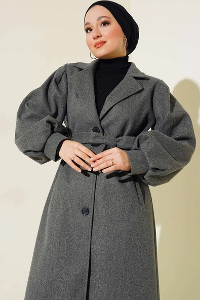 Balon Kol Kaşe Düğmeli Kaban Füme ürün görseli 1