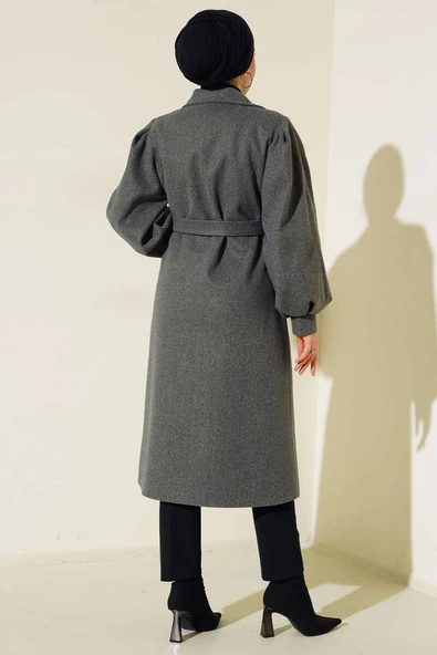 Balon Kol Kaşe Düğmeli Kaban Füme - Resim 3