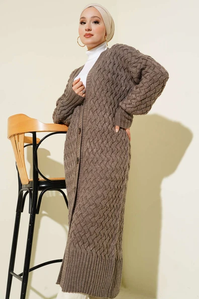 Boydan Düğmeli Sepet Örgü Uzun Hırka Vizon - Resim 2