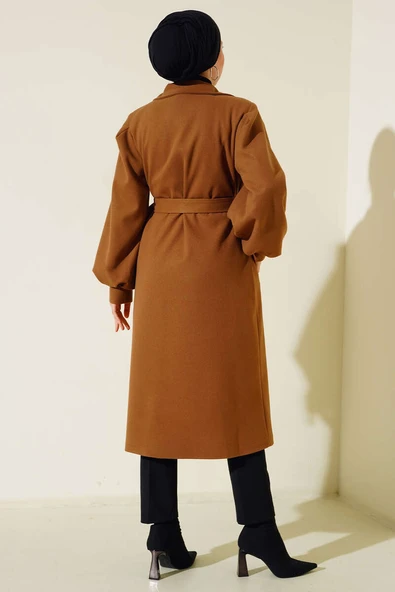 Balon Kol Kaşe Düğmeli Kaban Camel - Resim 3