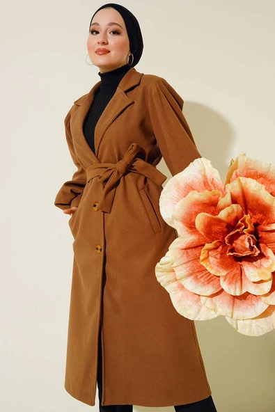 Balon Kol Kaşe Düğmeli Kaban Camel ürün görseli 1