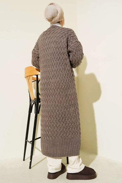 Boydan Düğmeli Sepet Örgü Uzun Hırka Vizon - Resim 3