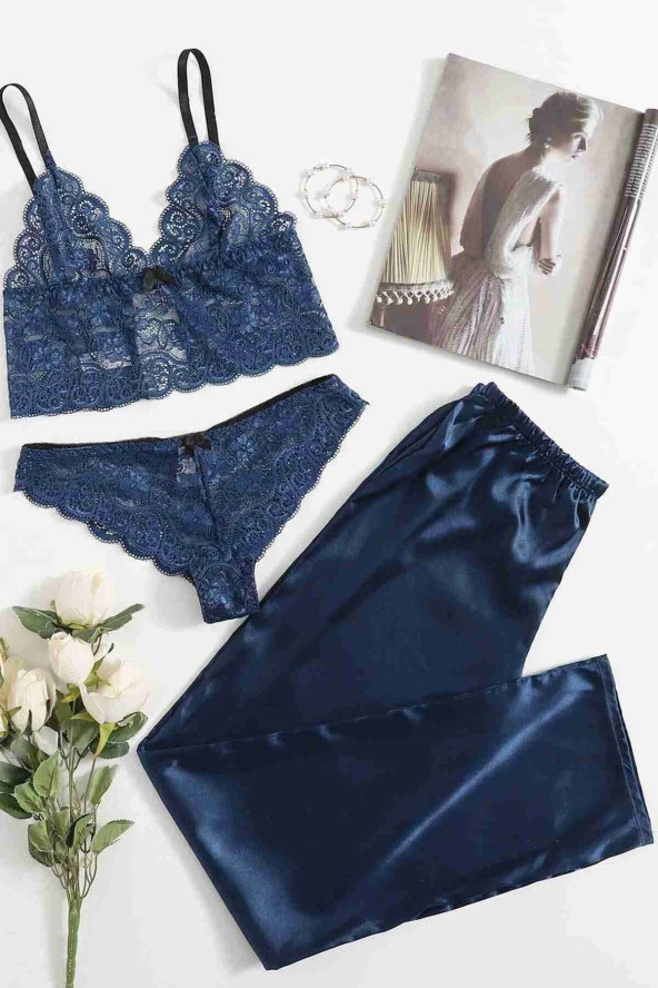 Modalivin Dantel Sütyen Külot Saten Pijama Alt 3 lü Takım Lacivert