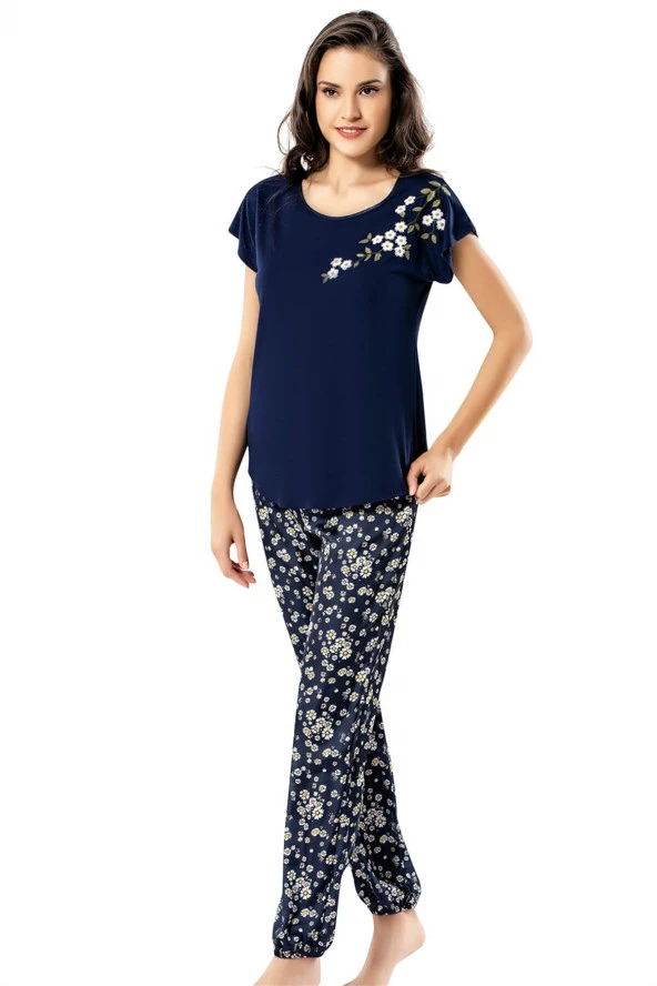 Modalivin Papatya Desenli Lacivert İkili Penye Gecelik Pijama Takımı