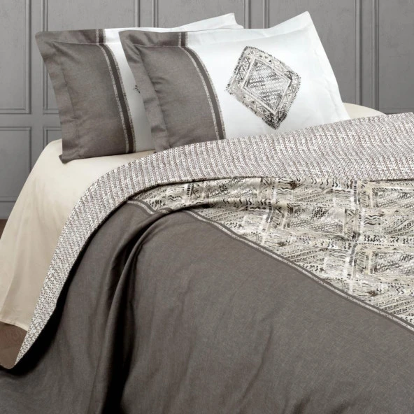 BASKILI SATEN ÇİFT KİŞİLİK NEVRESİM TAKIMI LORD BEJ - Resim 2